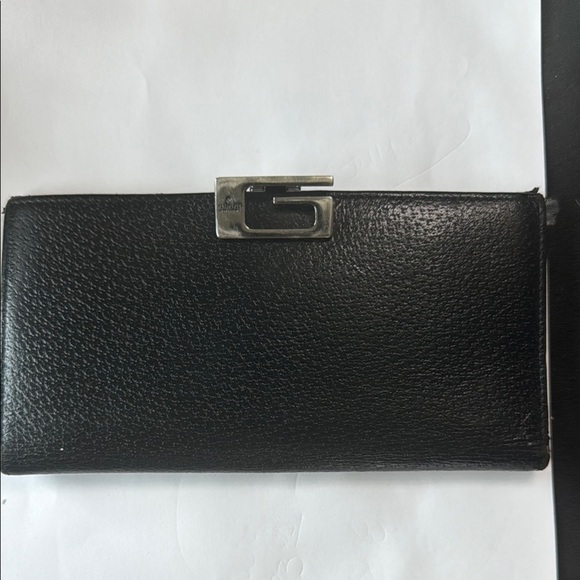 Authentic GUCCI Vintage G Clip Black Leather Long FlapWallet Purse